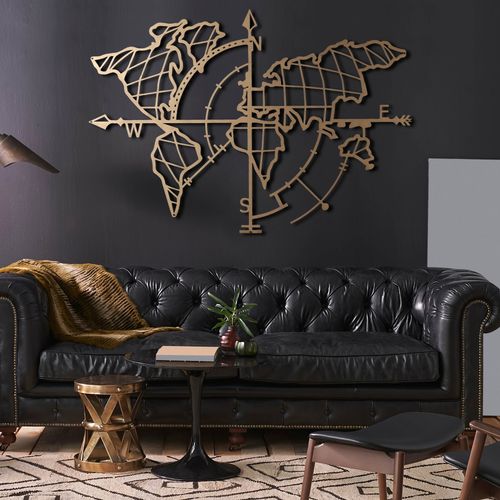 Wallity Metalna zidna dekoracija, World Map Compass Gold slika 8