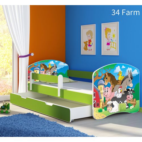 Dječji krevet ACMA s motivom, bočna zelena + ladica 140x70 cm 34-farm slika 1