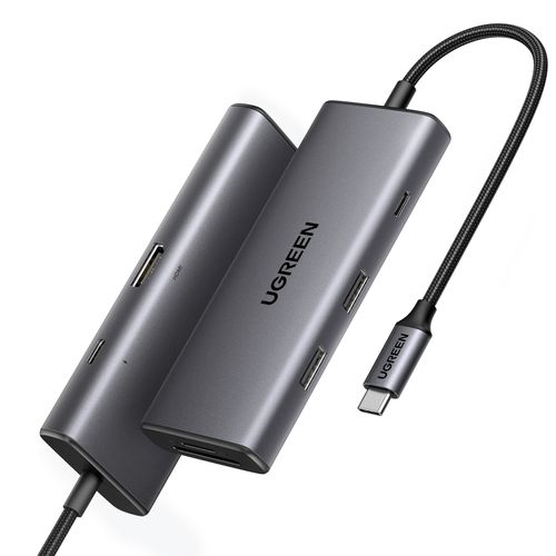 USB HUB UGREEN, USB-C na 2x USB-A 3.2, USB-C, HDMI 4K@30Hz, čitač kartica SD/TF, Power Delivery, sivi slika 1