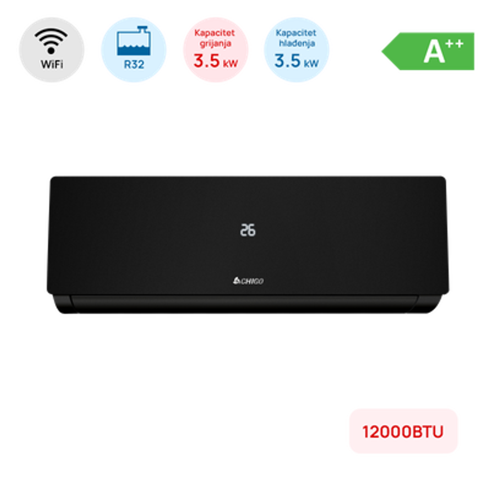 Klima Chigo 12000BTU, 3.5kW, A++, R32, -25°C ~ 50°C, s grijačem, WiFi, crna slika 1