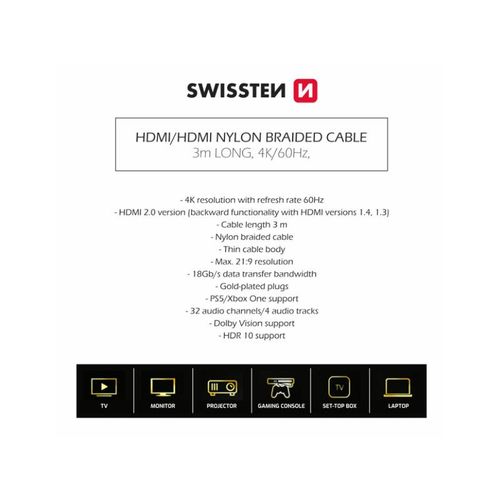 SWISSTEN kabel HDMI 2.0, 60Hz, 18GB/s, 4K, do 21:9, 3m, pozlaćeni konek, crni slika 4