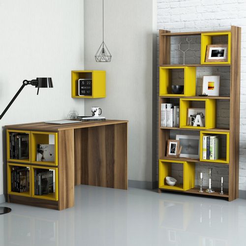 Woody Fashion Studijski stol i policu za knjige, Box - Walnut, Yellow slika 1