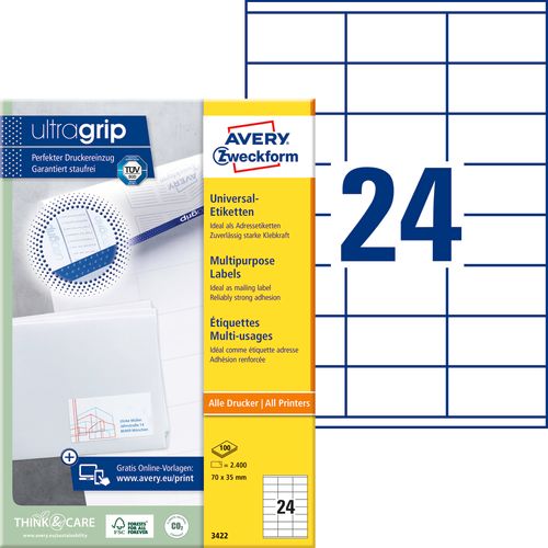 Avery Zweckform 3422 višenamjenske naljepnice A4 ultragrip 70x35mm 100 listova 2.400 naljepnica bijele slika 2