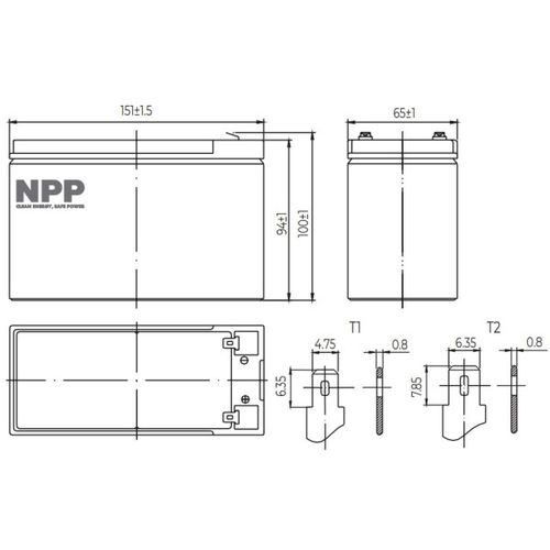 NPP NP12V-7.5Ah, AGM BATTERY,  C20=7.5AH, T1, 151x65x94x100, 2,07KG, BLACK slika 3