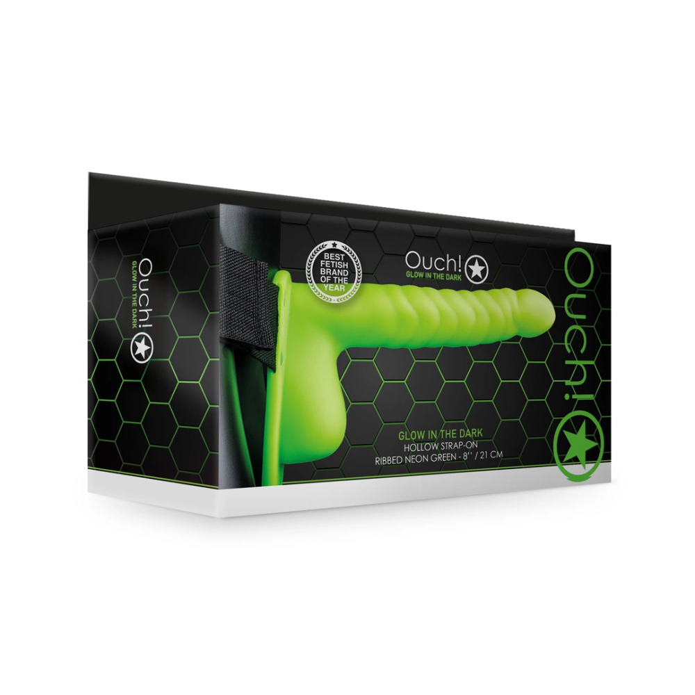 Joj! by Shots Rebrasti šuplji strap-on s kuglicama koji svijetli u tami - 8 / 21 cm slika 2