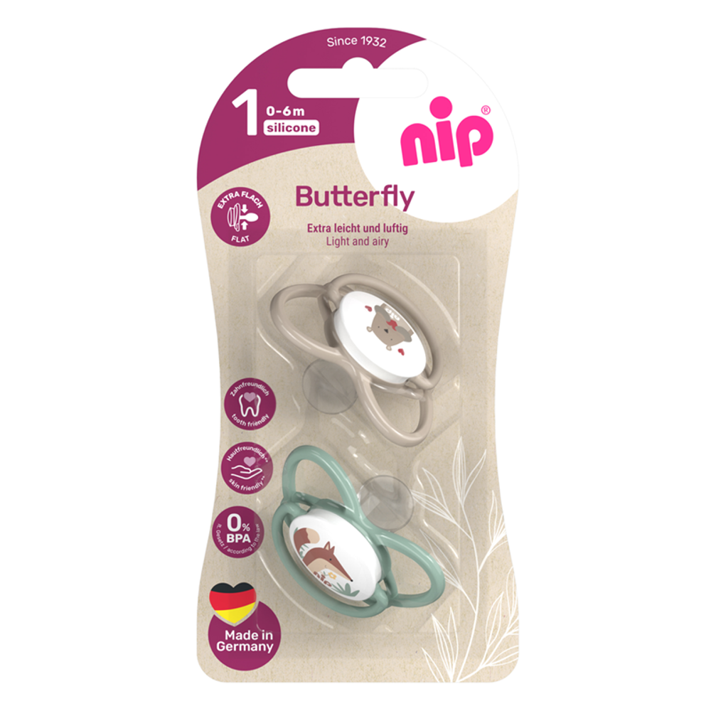 nip® Duda varalica Butterfly 0-6mj (veličina 1) - Silikon, 2kom Bež/Zelena slika 4
