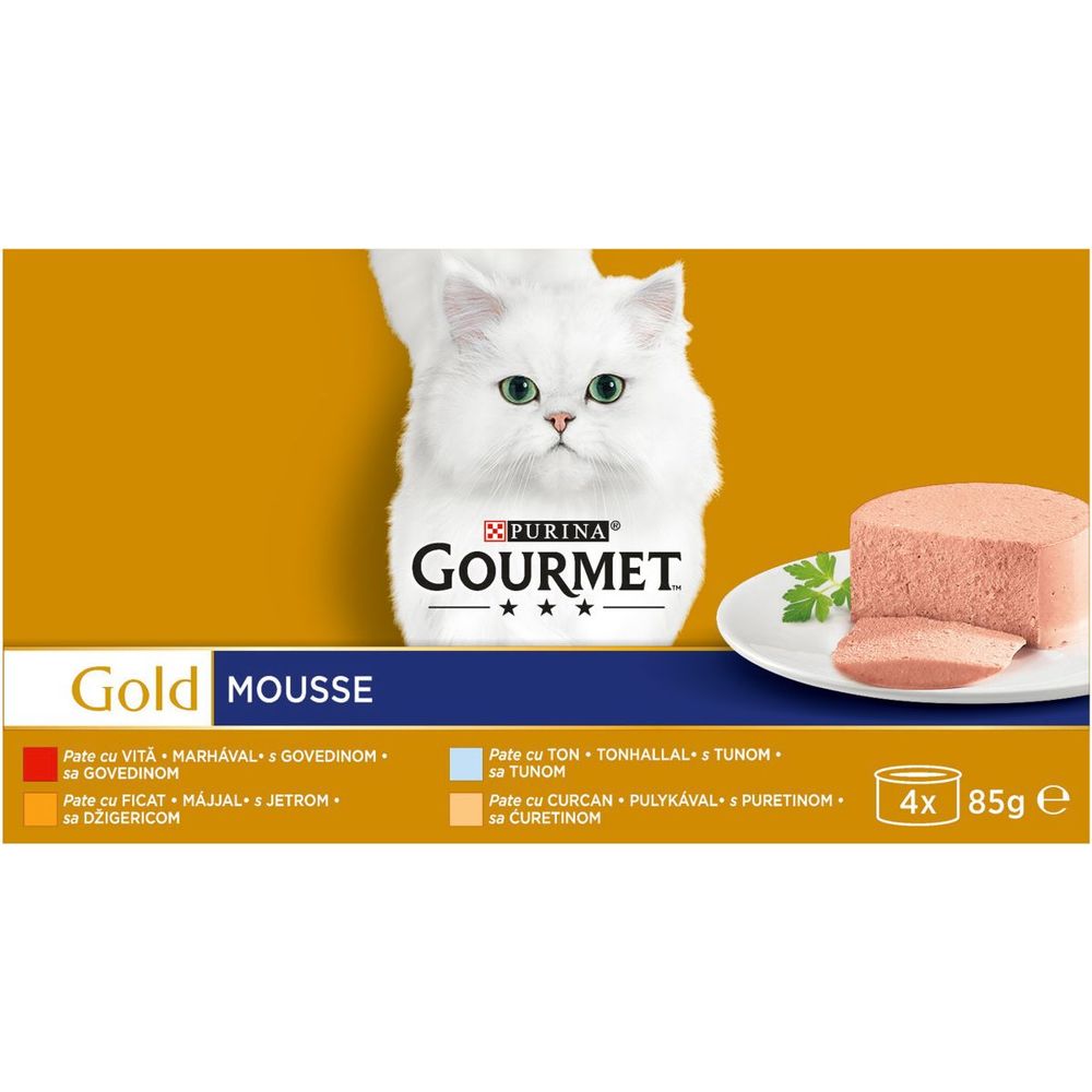 GOURMET GOLD Mousse multipakovanje, 1x sa govedinom, 1x s tunom, 1x sa jetrom, 1x sa ćuretinom, 4x85 g slika 2