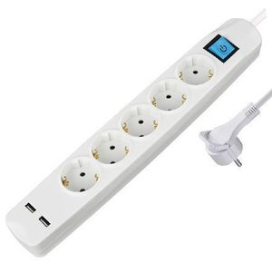 Transmedia 5-way power strip with 2x USB, white, 1,5m