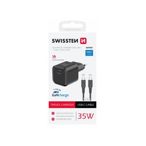 SWISSTEN punjač za AC220, GaN, 1xUSB-C, 35W, 3A, crni + USB-C kabel