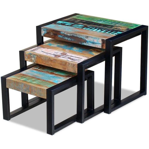 3-dijelni set uklapajućih stolića od masivnog obnovljenog drva slika 8