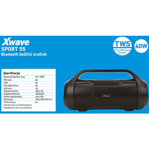 Xwave SPORT 55 Bluetooth zvučnik TWS/v5.0/40W/FM/MicroSD/USB/AUX/3000mAh slika 8