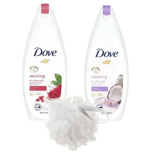 Dove Poklon set Radiantly Refresh Reviving shower gel 225 ml + shower gel Relaxing  225 ml + spužva slika 2