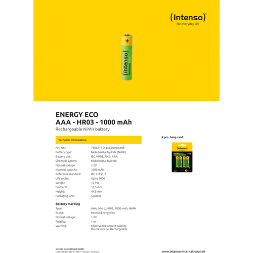 Intenso baterija punjiva AAA / HR03, 1000 mAh, blister 4 kom - AAA / HR03/1000 slika 3