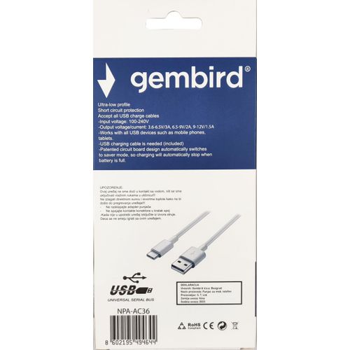 NPA-AC36 ** Gembird QC3.0 brzi punjac +Type C USB kabl,18W 3.6-6.5V/3A, 6.5V-9V/2A, 9V-12V/1.5A(351) slika 7