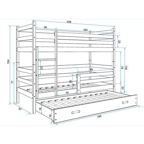 Drveni dječji krevet na kat Erik s tri kreveta - 200*90 - bijeli-bijeli slika 3