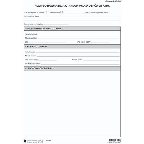 I-816 PLAN GOSPODARENJA OTPADOM PROIZVOĐAČA OTPADA (Obrazac PGO_PO) (Dodatak XIV) Arak, 21 x 29,7 cm slika 2