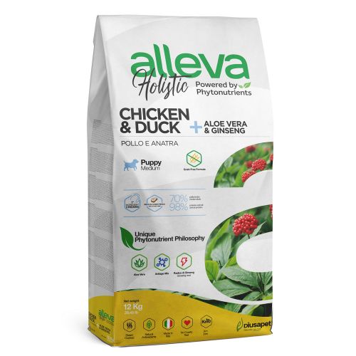 Alleva Holistic Dog Puppy Chicken &amp; Duck + Aloe Vera &amp; Ginseng Medium 12 kg slika 1