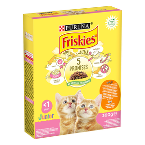 Friskies®Junior, ukusna kombinacija piletine i puretine, s mlijekom i s povrćem, 300 g