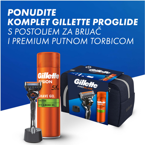 Gillette Proglide sistemski brijač + Fusion Sensitive gel 200ml + stalak za brijač sa neseserom  slika 3