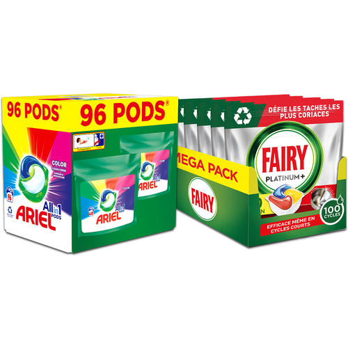 Ariel Color kapsule za pranje veša 96 kom + Fairy Platinum Plus kapsule za mašinsko pranje posuđa 100 komada XXL slika 1
