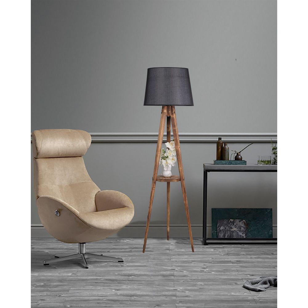 Sehbalı Tripod Yanık Lambader Pramit Hasır Siyah Abajurlu Brown Black Floor Lamp slika 1