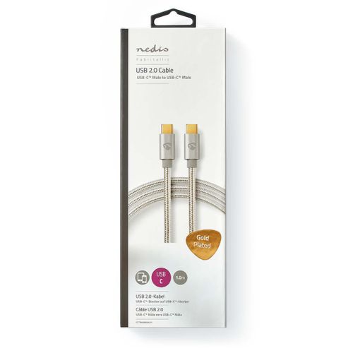 Kabel NEDIS CCTB60800AL10, USB 2.0, Type-C (M) na Type-C (M), 480Mbps, 100W, gold plated, srebrni, 1m slika 1