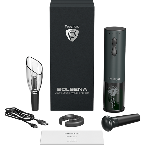 Prestigio Bolsena, smart wine opener, simple operation with 2 buttons, aerator, vacuum stopper preserver, foil cutter, opens up to 80 bottles without recharging, 500mAh battery, Dimensions D 48.2*H183mm, black color. slika 20