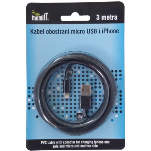MeanIT USB kabl sa micro USB i iPhone priključkom, 3 met - KABEL MICROUSB / iPHONE slika 1