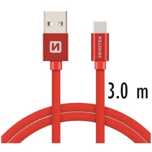 SWISSTEN kabel USB/USB-C, platneni, 3A, 3m, crveni slika 1