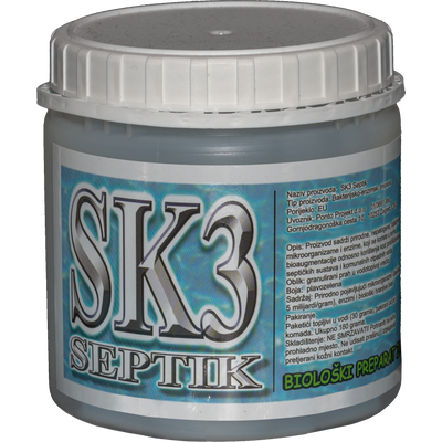 SK3 Septik - Sredstvo za razgradnju sadržaja septičke jame.
Bakterijsko-enzimski ekološki praškasti preparat za pročišćavanje i održavanje septičkih, fekalnih, sabirnih  jama, crnih tankova i bioloških pročistača. Uklanja neugodne mirise već nakon 48 h, ubrzano razgrađuje organski otpad, neutralizira učinke  deterdženta i izbjeljivača.
Jednostavno doziranje kroz wc školjku ili direktno u septričku jamu ili spremnik. 
Koriste ga  iznajmljivači, hoteli, restorani, kućanstva...  

