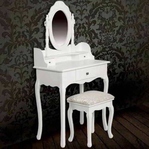 Toaletni stolić s ogledalom i stolcem bijeli slika 3