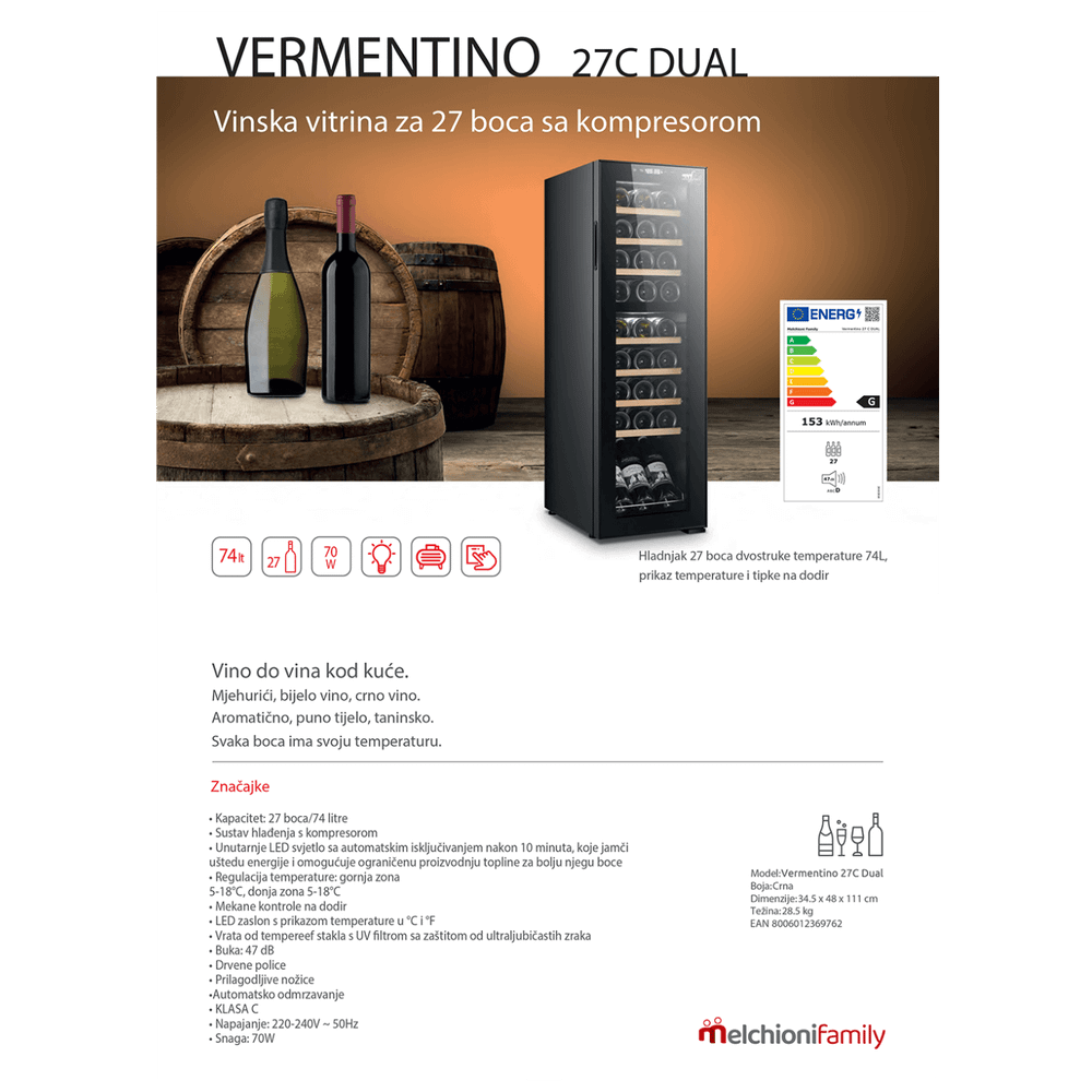 MELCHIONI family Rashladna vinska vitrina, zapremina 74 lit - VERMENTINO 27 C DUAL slika 2