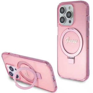 Originalna GUESS Hardcase GUHMP15XHRSGSP torbica za iPhone 15 Pro Max (Magsafe / Glitter Script Logo / stalak za prsten / pink)