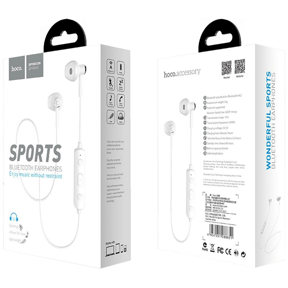 hoco. Slušalice bežična, sport, Bluetooth, 80 mAh, 3.5 h, bijela - ES21 Wonderful sports White slika 2