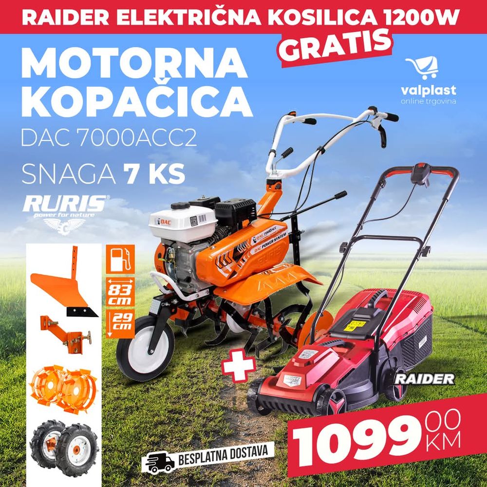 Motorna kopačica kultivator freza RURIS 7000ACC2+Gratis električna kosilica Raider 1200W slika 1
