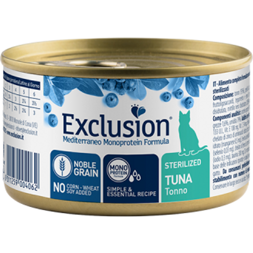 Exclusion Mediterraneo Monoprotein Formula, Sterilised, potpuna hrana za odrasle sterilizirane mačke, tuna, 85 g slika 1