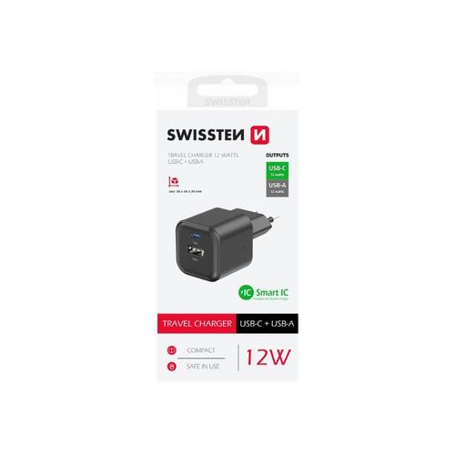 SWISSTEN punjač za AC220, 12W, 1xUSB-C, 1xUSB-A, Smart IC, 2.4A, crni slika 1