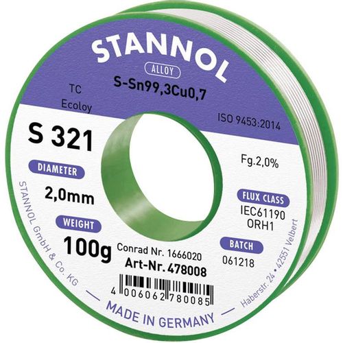 Stannol S321 2,0% 2,0MM SN99,3CU0,7 CD 100G lemna žica, bezolovna bezolovni , svitak  Sn99,3Cu0,7 ORH1 100 g 2 mm slika 2