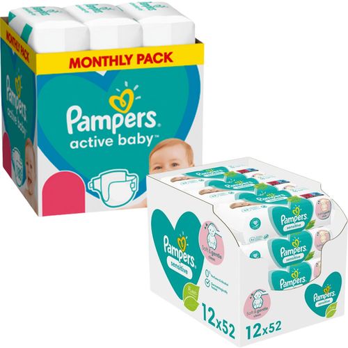 Pampers Active baby  mesečno pakovanje pelena + Pampers vlažne maramice sensitive 12X52 XXL slika 2