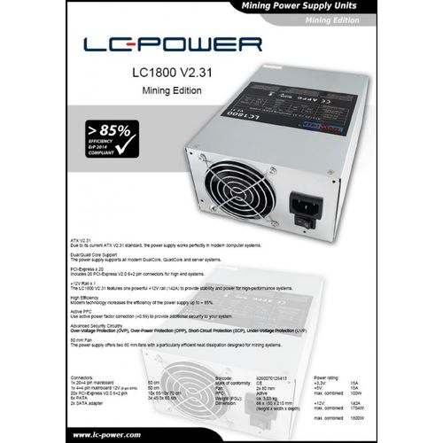 Napajanje 1800W LC Power LC1800 ATX V2.31 Mining Edition slika 2