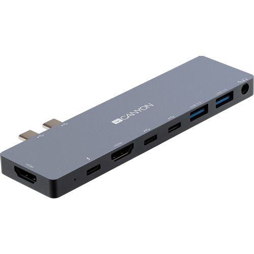 CANYON DS-8 Multiport Docking Station with 8 port, 1*Type C PD100W+2*Type C data+2*HDMI+2*USB3.0+1*Audio. Input 100-240V, Output USB-C PD100W&amp;USB-A 5V/1A, Aluminium alloy, Space gray, 135*48*10mm, 0.056kg slika 3