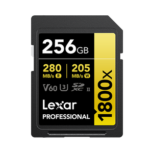 Lexar SD 256GB 1800x SDXC UHS-II card, 270MB/s read 180MB/s write C10 V