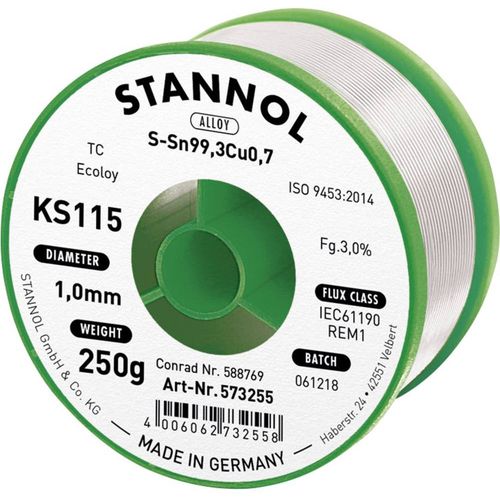 Stannol KS115 lemna žica, bezolovna svitak  Sn99,3Cu0,7 250 g 1 mm Tinol, bezolovni kolut Stannol KS115 SN99Cu1 250 g 1.0 mm slika 1