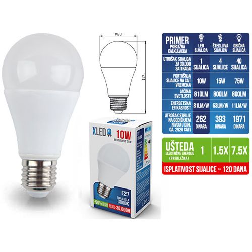 XLED E27 10W LED sijalica 3000K/Toplo Bela/220V/810Lm slika 2