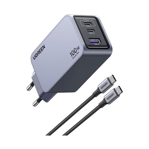 Kućni punjač UGREEN Nexode Pro, 100W, 2x USB-C, USB-A, USB-C kabel, GaN, sivi slika 1