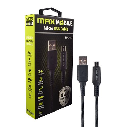 Maxmobile data kabel micro usb udc3028 kevlar black 2.4a qc 1m slika 1