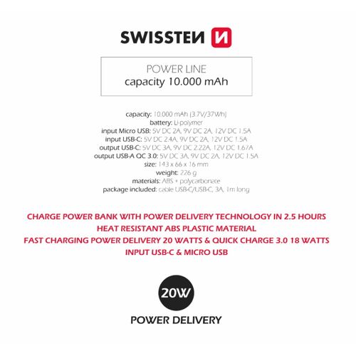 Dodatna baterija - Power Bank SWISSTEN 10000mAh, QC 3.0, USB-C, crna slika 5