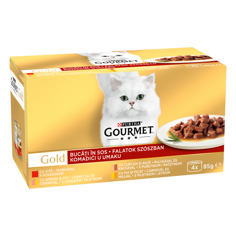 GOURMET GOLD Komadići u umaku multipakovanje, 1x s govedinom, 1x s puretinom i pačetinom, 1x s piletinom i jetrom, 1x s piletinom 4x85 g slika 2