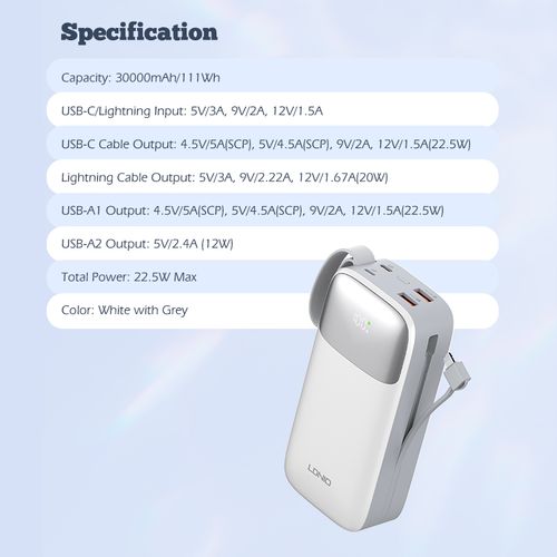 LDNIO POWER BANK 30000mAh 22,5W 5V 3A 2 PORT (2A) + 2 CABLE (1C1L) PQ30 slika 9