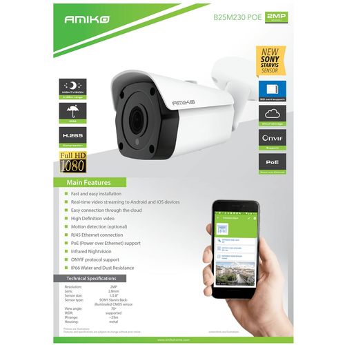 Amiko Home Kamera IP 2MP, PoE, 1/2.8" SONY Starvis, 3.6mm, IP66 - B25M230 POE slika 2